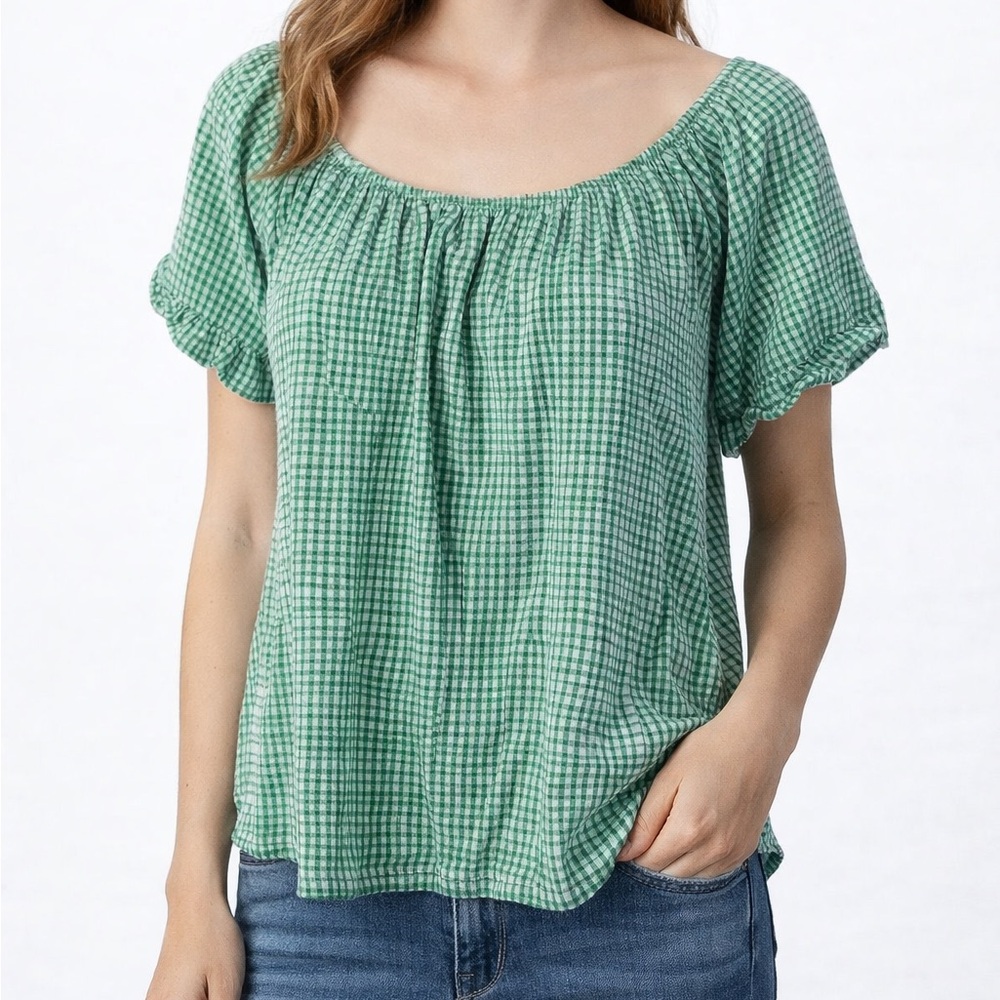 W5 Green Gingham Peasant Blouse Small Cottagecore Puff Sleeve Boho Top Cute